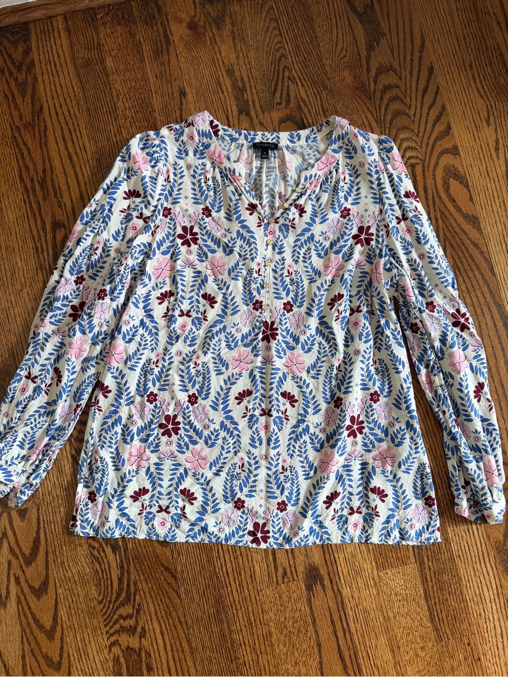 Talbots Band Collar Popover Hearts Floral Flowers Floral V-Neck Blouse Size M